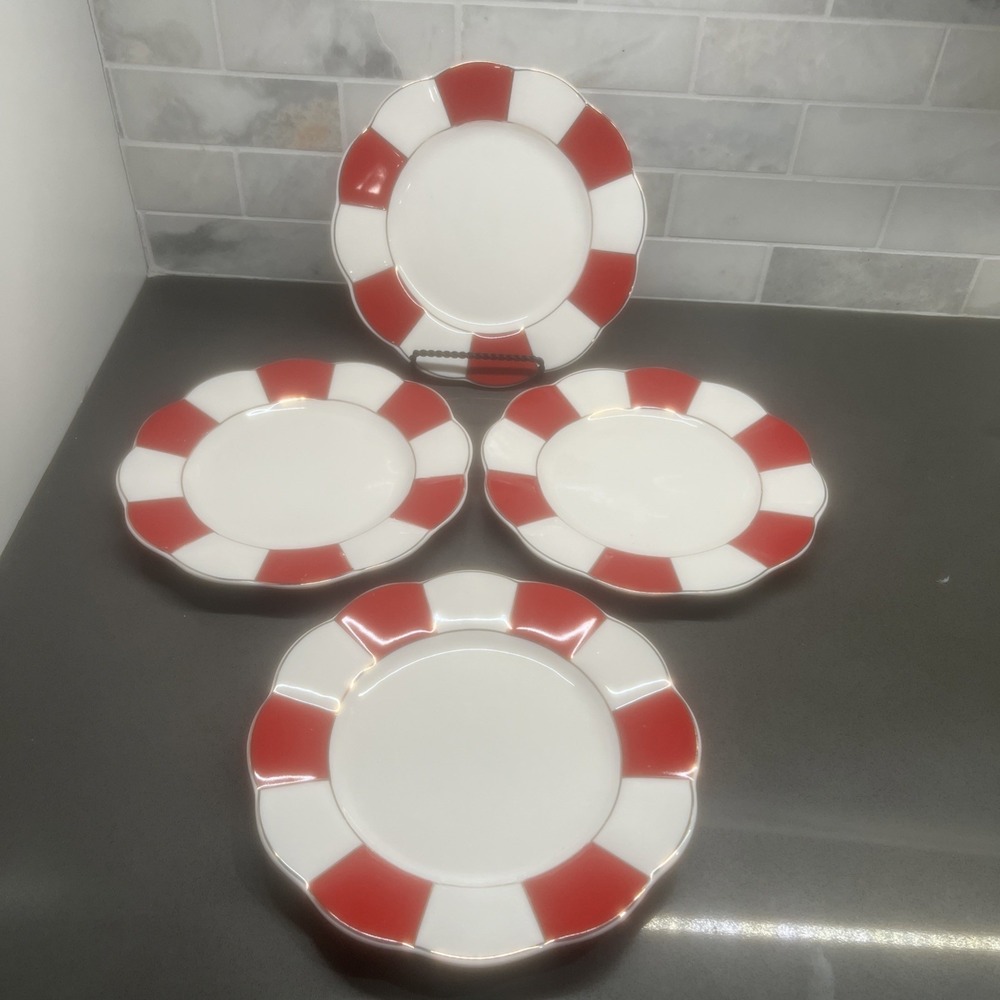Grace Teaware 8" Scalloped Edge Salad Plates Red White Gold Set of 4 New